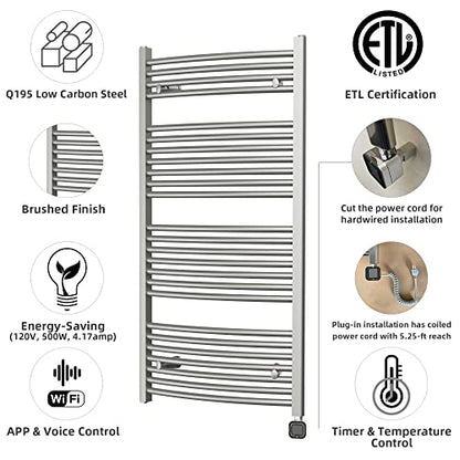 Smart Towel Warmer with Timer and Temperature Control, Plug-in/Hardwired Towel Rack Heater Compatible with Alexa and Google Home, Large Liquid Filled Smart Towel Heated Rails, Brushed