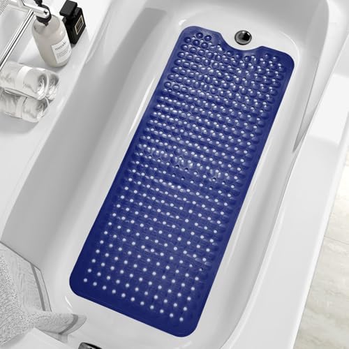 MOONFLY Shower and Bathtub Mat,40x16 Inches,Extra Long Non Slip Mats with Suction Cups and Drain Holes, Machine Washable and Anti Slip Bathmats, Bathroom Mats for Tub Nonslip (Navy Blue) - color: Navy Blue