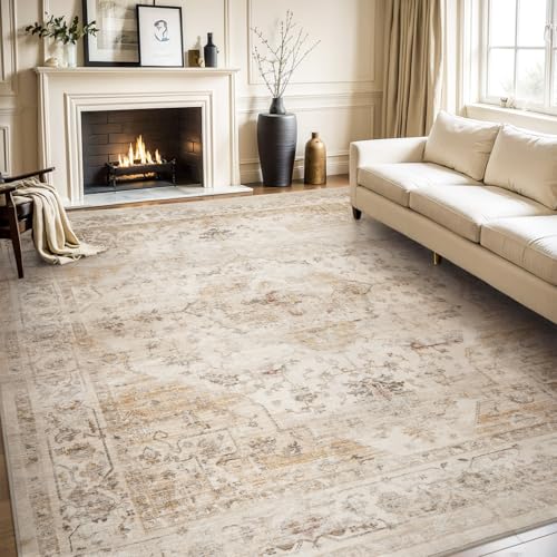 AMOAMI-Area Rug 6X9 Rugs for Living Room-Vintage Soft Beige Rugs for Bedroom-Non Slip Carpet-Machine Washable Rug for Dining Room Living Room Bedroom Office Under Table - color: Beige, size: 6' x 9' (Rectangular)