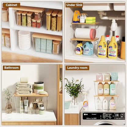 2 Set Pantry Organizers and Storage with Bamboo Lids, Stackable Clear Bins for Onion, Potato, Fruit, Vegetables, Trash Bag Dispenser, Kitchen and Under Sink Organizer - size: 2 Pack Large