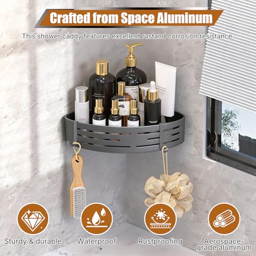 Matte Gray Corner Shower Shelf, 1-Pack Aluminum Bathroom Caddy Item Highlights No Drill Adhesive & Screw Mount, Rustproof Storage Rack with Towel Hooks for Shower, Toilet & Laundry Room