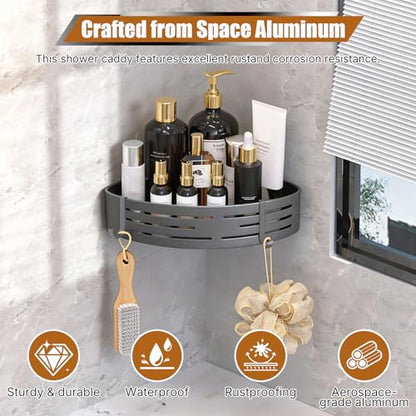 Matte Gray Corner Shower Shelf, 2-Pack Aluminum Bathroom Caddy Item Highlights No Drill Adhesive & Screw Mount, Rustproof Storage Rack with Towel Hooks for Shower, Toilet & Laundry Room