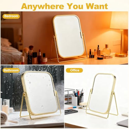 Vanity Makeup Mirror with Stand Double-Sided Swivel Tabletop Mirror for Makeup Desk Bathroom Countertop Dressing Table Bedroom Dresser Golden Metal Frame 7.87 * 6.1 * 2.71inch