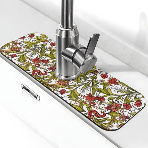 Diatomite Faucet Mat for Kitchen Fast Drying Sink & Bathroom Counter, Super Absorbent Water Sink Protectors Prevent Moisture Buildup, Sink Splash Guard Boho Style - color: Floral Pattern