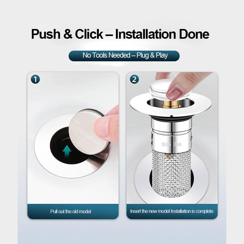 Bathroom Sink Drain Strainer with Pop Up Stopper, Stainless Steel Removable Filter Basket Hair Catcher, Anti-Clog Sink Drain Filter for Bathroom Sink (1 Pack)