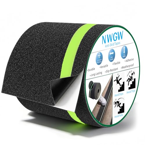 Glow in Dark Anti Slip Tape, 4" x35FT Heavy Duty Waterproof Safety Grip Tape for Stairs, Pool, Bathroom - Black & Glow Stripe Indoor/Outdoor Multi-Purpose Traction Tape - size: 4 Inch x 35 Feet