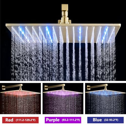 Aolemi Shower Faucet Set with Valve Handheld 16" LED Head Brushed Gold | Handheld Spray,16 Inch Rain LED Head,Valve and Trim Kit,All Metal,Wall Mount Shower System,Bathroom Mixer - color: Gold, size: 16 Inch LED Shower Head