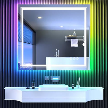 Snowdool 40 x 36 in RGB LED Bathroom Mirror, Front and Backlit, Anti-Fog | 8 RGB Backlight Modes, 3 Front Light Colors, Anti-Fog, Tempered Glass - size: 40"L x 36"W