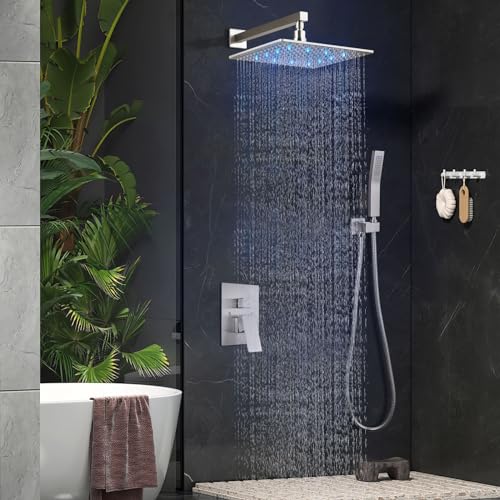 Aolemi Shower Faucet Set with Valve Handheld 12" LED Head Brushed Nickel | Handheld Spray,12 Inch Rain LED Head,Valve and Trim Kit,All Metal,Wall Mount Shower System,Bathroom Mixer - color: Nickel, size: 12 Inch LED Shower Head