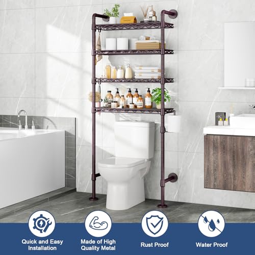 K3 Wall Mounted 4-Tier Over the Toilet Storage，Metal Above Toilet Storage with Paper Hook,Over Toilet Bathroom Organizer with Adjustable Shelf，Above Toilet Rack 9.7"Dx 25.6"Wx 74.3"H,Espresso