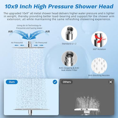 Hibbent High Pressue All Metal 10" Rainfall Shower Head, Handheld 10-Spray | cUPC Certified Chrome Dual Showerhead Combo, 4-way Diverter with Pause Mode, Brass Extension Arm, 71'' Shower Hose & Holder - color: Chrome, style: Square 10"