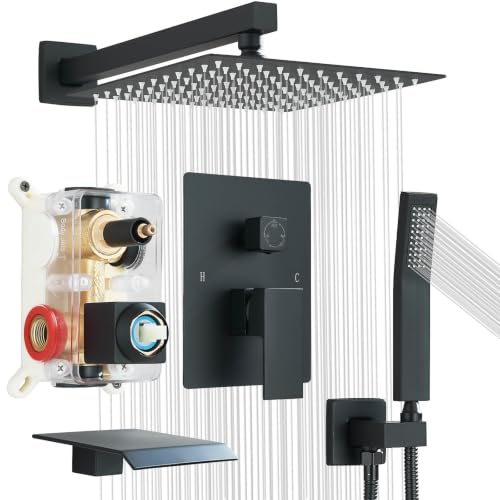 Matte Black Shower System with Tub Spout,All Metal Bathtub Shower Faucet Set With 10-Inch High Pressure Rainfall Head and Handheld Sprayer,Wall Mount for Bathroom Remodel - color: Matte Black, size: 10" with spout