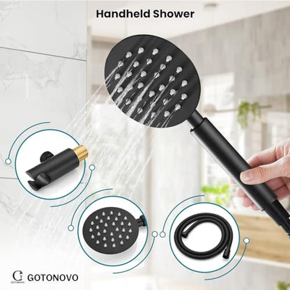 gotonovo High Pressure Shower System Valve and Trim Kit,Matte Black | Round Rain 10 Inch Shower Head with Handheld Faucet Set Complete,Rough In Valve,2-in-1 Diverter,All Metal,Bathroom Wall Mount - color: Black