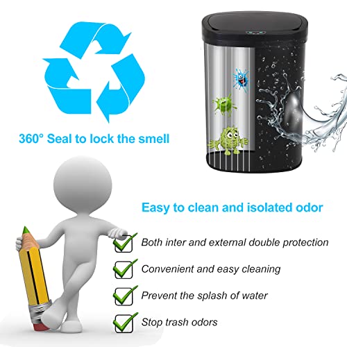 Kitchen Trash Can | Stainless Steel 13 Gallon Trash Can | 50L Touch Free Garbage Can with Lid | Electronic Motion Sensor Automatic Trash Bin High Capacity for Kitchen Bathroom Office, Black - color: Black