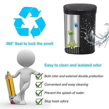 Kitchen Trash Can | Stainless Steel 13 Gallon Trash Can | 50L Touch Free Garbage Can with Lid | Electronic Motion Sensor Automatic Trash Bin High Capacity for Kitchen Bathroom Office, Black - color: Black