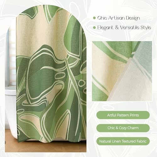 Tropical Plants Linen Shower Boho Curtain Set with Liner,72" Wx72 L | Double Layer Shower Curtain Waterproof Fabric with Zippered Removable PEVA Liner,Boho Shower Curtain for Bathroom,Free Hooks - color: Monstera Leaf