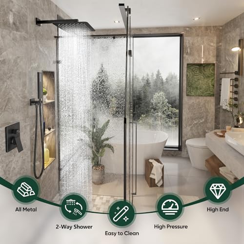 Gabrylly Rain Shower Head with Handheld Spray Combo, 10", Matte Black | All Metal Shower System, High Pressure Rainfall Shower Faucet Set, Solid Brass Shower Valve Complete Shower Set for Bathroom - color: Matte Black, size: 10 Inch