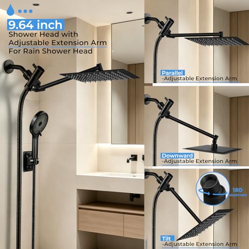 Shower Head, 8 inch Multifunction High Pressure Rain Shower Head with Handheld Spray Combo with 11'' Angle Adjustable Extension Arm/Flow Regulator/Shower System Matte Black - color: Black, size: 8 Inch