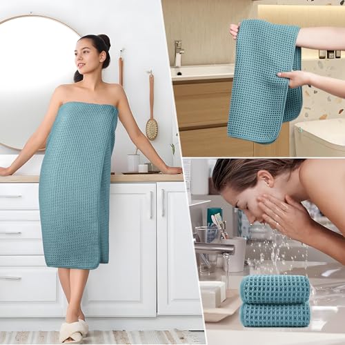 POLYTE 430 GSM Poly Blend Microfiber Quick Dry Waffle Bath Towel Set of 6 | 2-Body Towels, 2-Hand Towels, 2-Wash cloths, Oversize, Lint Free - color: Green