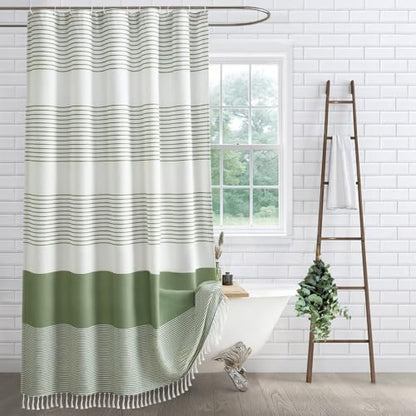 Sage Green Boho Cotton Striped Shower Curtain with Tassel 72"W X 84"L | Extra Long Boho Farmhouse Shower Curtains for Bathroom with Soft Cotton Feel - color: Sage Green, size: 72"W x 84"L