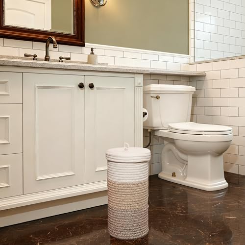 Toilet Paper Holder Handmade – Woven Cotton Toilet Paper Stand & Storage Basket with Lid, Freestanding Organizer for Bathroom, Fits 3 Mega Rolls Gradient Brown 14'' x 7'' - color: Gradient Brown