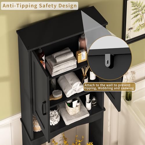 ROOMTEC Over The Toilet Storage Cabinet with Adjustable Shelf and Double Doors, Freestanding Bathroom Cabinet Organizer with Open Shelf, Home Space-Saving Toilet Rack for Restroom, Laundry, Black