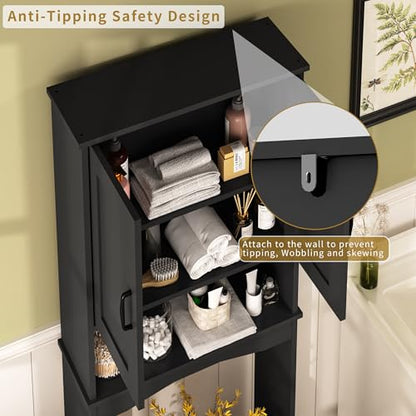 ROOMTEC Over The Toilet Storage Cabinet with Adjustable Shelf and Double Doors, Freestanding Bathroom Cabinet Organizer with Open Shelf, Home Space-Saving Toilet Rack for Restroom, Laundry, Black