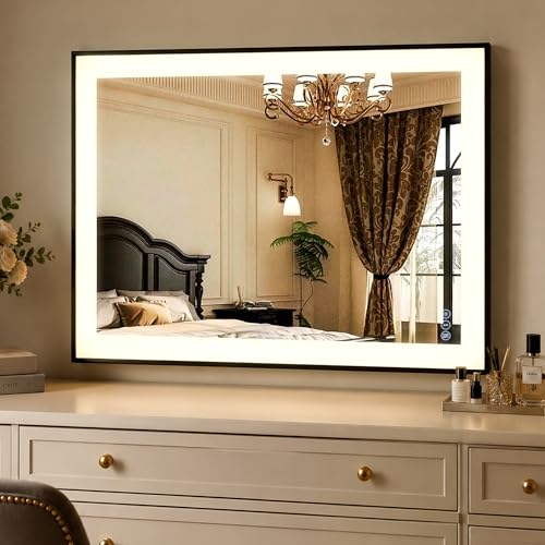 VooBang 24"x32" Black Frame 3-Color LED Bathroom Mirror Dimmable Brightness | Memory Function Anti-Fog Smart Bathroom Mirror with Lights, Wall Mounted Horizontally Vertically for Living Room, Entryway - size: 32"L x 24"W
