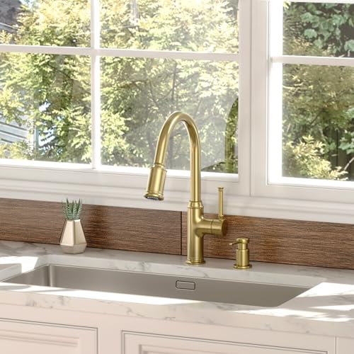 Lava Odoro Curtura Gold Kitchen Faucet with Pull Down Sprayer, Single Handle Kitchen Sink Faucet with Magnetic Docking Spray 3-Function, Brass Faucet for Kitchen Sink 1 Hole and 3 Hole, KF421-SG-M - color: Brushed Gold, style: 3-Mode, Magnetic