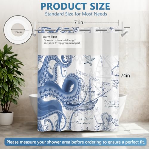 No Hook Shower Curtain and Liner Set, Nautical Navy Blue Shower Curtain with Translucent Window, Double-Layer Waterproof Bathroom Shower Fabric Curtains, Retro Coastal Octopus Pattern, 71x74 Inches - color: Nautical Colossal Octopus