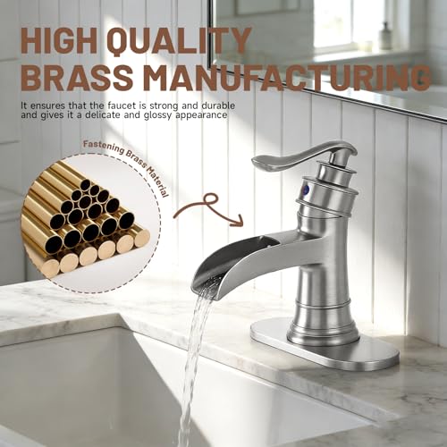 Brushed Nickel Waterfall Bathroom Faucet Single Handle 1 Hole | with Pop Up Drain Assembly & Water Supply Hose,Lead-Free Solid Brass,Farmhouse Faucet for Sink 1-3 Hole,Deck Mount - color: Brushed Nickel