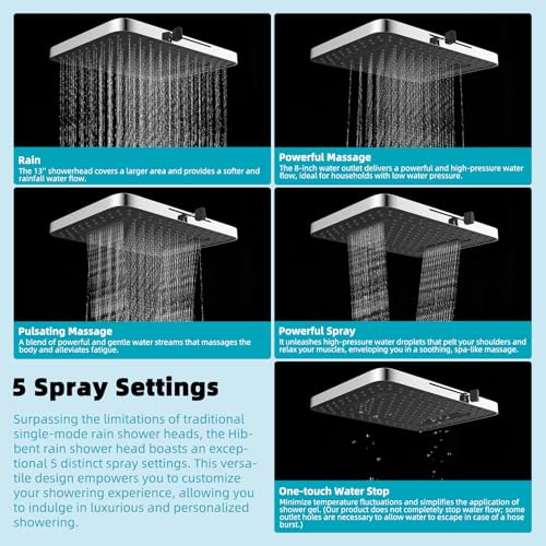 Hibbent Rain Shower Head, 13'' High Pressure Rainfall Square 5 Spray Mode Showerhead with 16" Shower Head Extension Arm, Solid Brass Adjustable Shower Arm Extender, Waterfall fixed Showerheads, Chrome - color: Chrome, style: Square 13'' with Arm