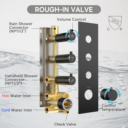 Shower Faucet Set,Thermostatic Shower System,12 Inch Ceiling Mounted and 6 Inch Wall Mount Rain Shower Head with 2 in 1 Handhled,High Pressure Dual Shower Head Combo Set Matte Black - color: Matte Black, size: 12"-1