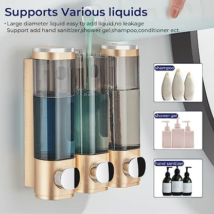 Pollock Shampoo and Conditioner Dispenser 3 Chamber No Drill | Shower Soap Pump Dispenser Wall Mounted,Body Wash Dispenser,Shower Gel Shampoo Holder for Bathroom Accessories, (Gold 3) - color: Gold 3