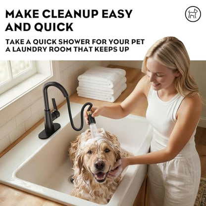 High Arc Bathroom Sink Faucet with Pull Down Sprayer, Tall Matte Black Single Handle Pull Out Faucet with Pop-Up Drain, 1 or 3 Hole Laundry Bar Basin Faucet with Deck Plate WE10CL-ZY-MB - color: Matte Black
