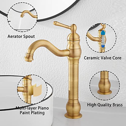 360° Swivel Antique Brass Bathroom Vessel Sink Faucet Single Handle One Hole Matching with Pop Up Drain - color: Antique Brass, size: Vessel