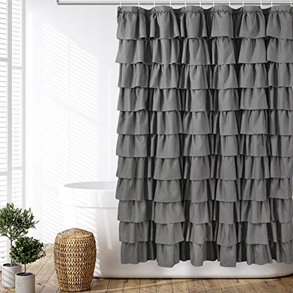 Gray Ruffle Shower Curtain for Bathroom, 72 x 84, Machine Washable Fabric | Handcrafted Ruched Ruffles, Extra-Long 72x84, Soft Brushed Microfiber, Full Coverage Fit, 12 Hooks Included, Easy Hanging - color: Grey, size: 72"W x 84"L (Pack of 1)