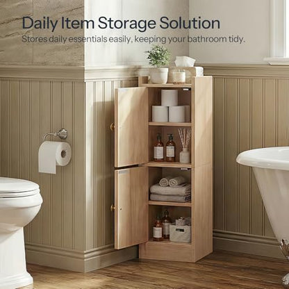 HOOBRO Slim Bathroom Cabinet for Small Spaces, Narrow Toilet Paper Cabinet with Doors, 9.8”W Space Saving Floor Cabinet with Adjustable Shelves, Farmhouse Wooden Organizer, Natural