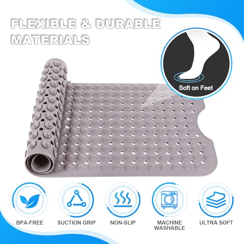 Bathtub and Shower Mats, 40x16 Inch Extra Large Non Slip Soft Bath Tub Mat with Suction Cups and Drain Holes for Bathroom Floor and Keep Tubs Clean, Machine Washable, Tan - color: Tan