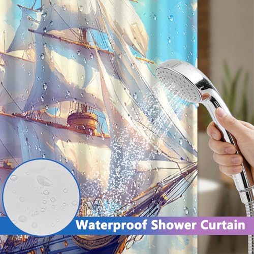 No Hooks Shower Curtain with Snap in Liner and Sheer Top Window, Sailboat Nautical Theme Easy Hang Waterproof Fabric Shower Curtain, 71x74in No Hook Double-layer Shower Curtain Set with Weighted Hem - color: Sailing Boat