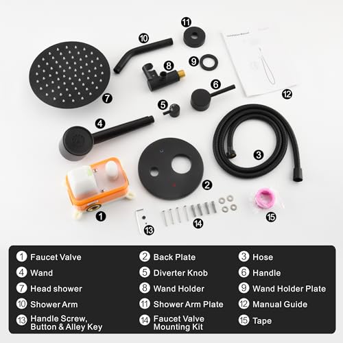 Black Shower Faucets Sets Complete, Shower Fixtures, Shower System with 8 Inches Rainfall Shower Head And 3-function High Pressure Handheld, Built- in Brass Valve with Box - style: 8-inch Black
