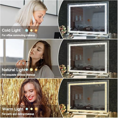 FENCHILIN Vanity Mirror with Lights 32” x 23” Hollywood Makeup Mirror with Light Strip Smart Touch Control 3 Colors Dimmable & 10X Magnification Tabletop White