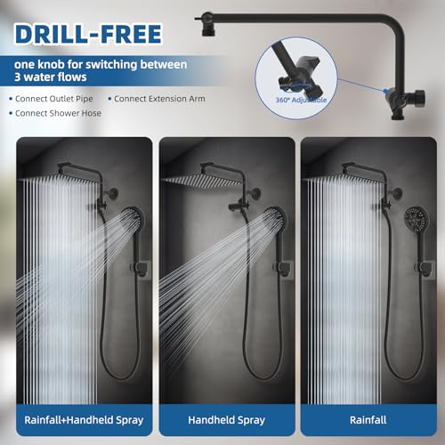 12" Metal Rainfall Shower Head with 10-Mode Handheld, Matteblack | NSF/ANSI/CAN 372 Certified, High Pressure Showerhead Combo with 11" Adjustable Shower Arm, 71" Hose, Shower Head Holder - color: Matte Black, style: Square 12"