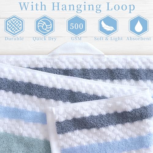 Waffle Towels for Bathroom - Quick Dry | Thick | Lightweight | 500GSM, 2 Large Bath 28"x52", 4 Hand 16"x27", Cotton Polyester Blend Towels, Shower Towel with Hanging Loops, Blue Gray Stripe and White - color: Blue-gray and White, size: 6 PCS Towel Set