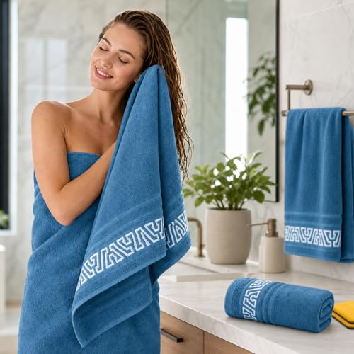 3 Packs Cotton Luxury Towels,Ultrasoft Large Size Bath Bundle Cotton Towels Set Highly Absorbent - 1 Bath,2 Washcloth with 2 Microfiber Cleaning Cloth,for Premium Hotel,Bathroom,Spa,Gym（Electric Blue）