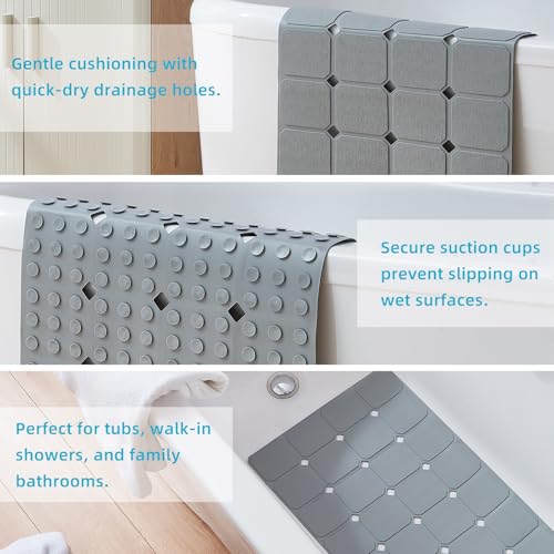 Non-Slip Silicone Bathtub Mat, Foldable Bath Tub Mat, 14.9 x 27.5, Grey | Bathroom shower mat with suction cups, Machine Washable, Durable & Eco-Friendly, Large Drain Holes, Ideal for Family Use - color: Grey