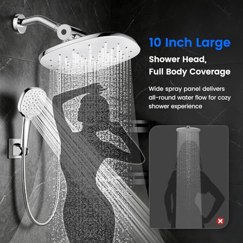 10" Rain Shower Head with Handheld Spray, Dual High Pressure Showerhead | Rainfall Shower Heads Combo with Multi Spray, Detachable Hand Showerhead Set with 71 Inch Shower Hose & Extra Holder - color: Chrome White
