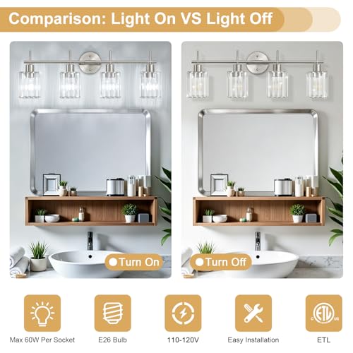 Brushed Nickel Bathroom Light Fixtures, Square, 4-Light | Vanity Lights with Crystal Shades, Modern Bathroom Lighting Fixtures over Mirror (Bulbs Not Included, E26) - color: Brushed Nickel (Square), size: 4-Light