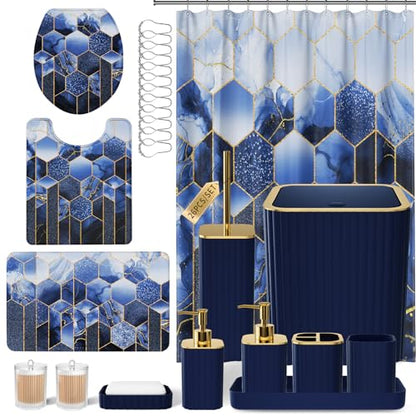 XLHOMO Bathroom Set - 26PC Bathroom Set with Shower Curtain and Rugs, Bathroom Accessory Set, Navy Blue Bathroom Sets, Trash Can & Soap Dispenser - style: Navy Blue&Gold