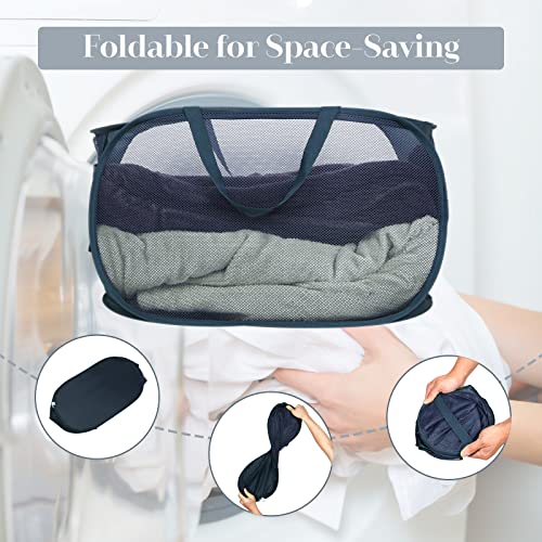 Durable Collapsible Laundry Baskets, Mesh Pop Up Laundry Hamper with Side Pocket, Foldable Clothes Hamper with Reinforced Carry Handles for Laundry, Bathroom, Kids Room, Dorm, Travel 2 Pack Navy Blue - color: 2 x Navy Blue